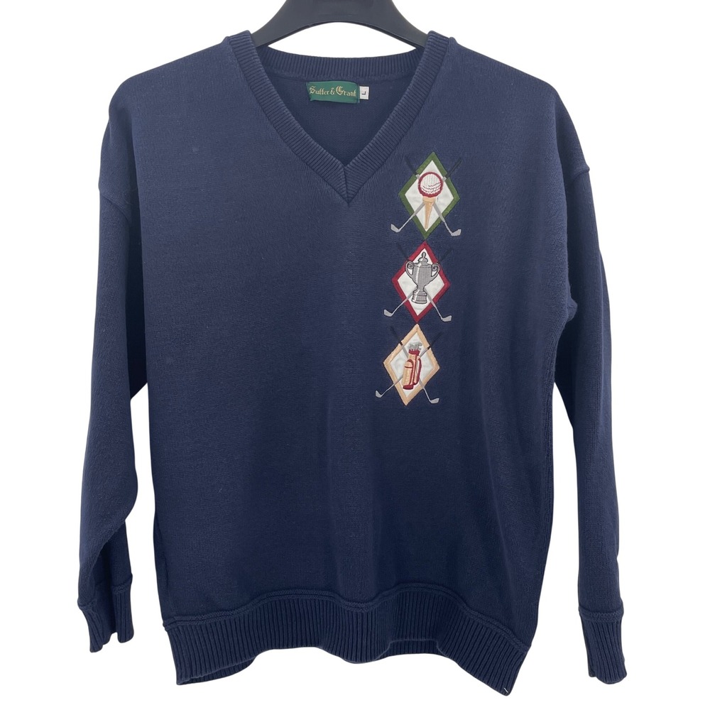 Sutter & Grant Mens Navy Blue V-Neck Golf Sweater‎ Embroidered L Vintage Style